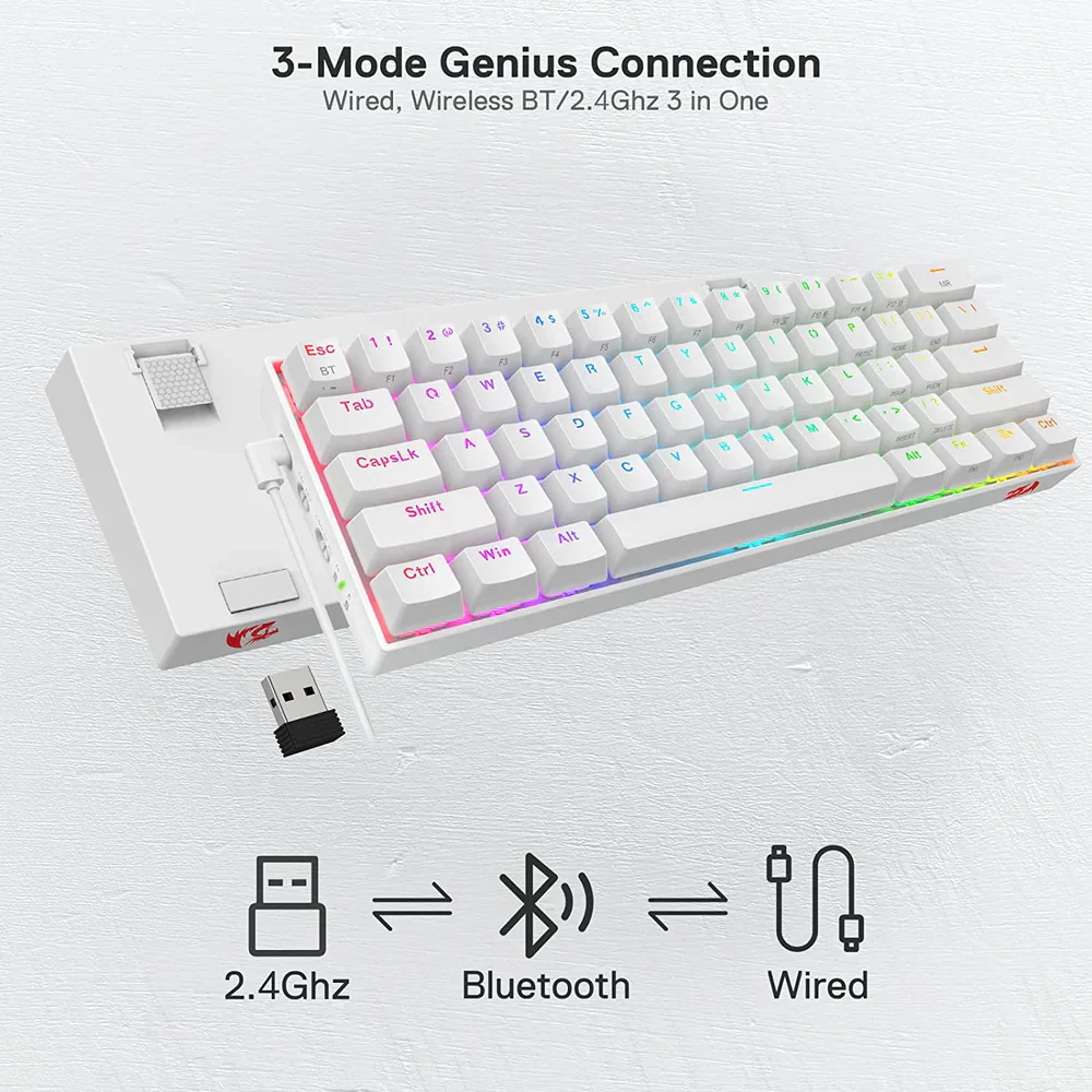 Redragon Draconic Pro K530 Pro - 60% Bluetooth+2.4Ghz+Wired Mechanical Keyboard White (Red Switch) - Image 11