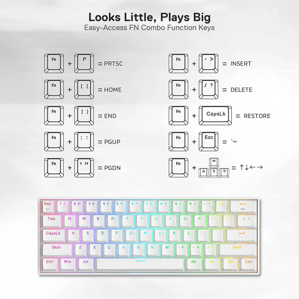 Redragon Draconic Pro K530 Pro - 60% Bluetooth+2.4Ghz+Wired Mechanical Keyboard White (Red Switch) - Image 5