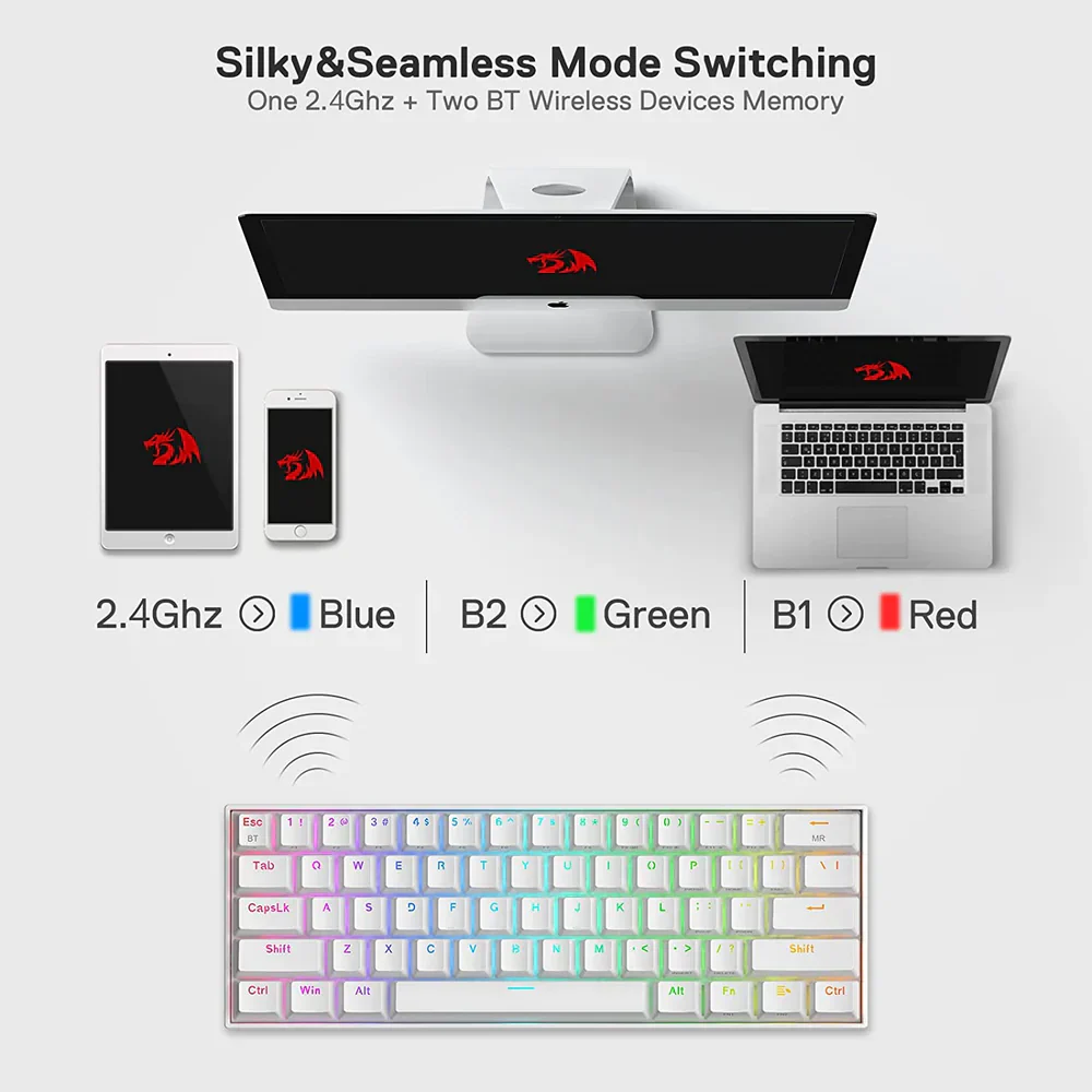 Redragon Draconic Pro K530 Pro - 60% Bluetooth+2.4Ghz+Wired Mechanical Keyboard White (Red Switch) - Image 6