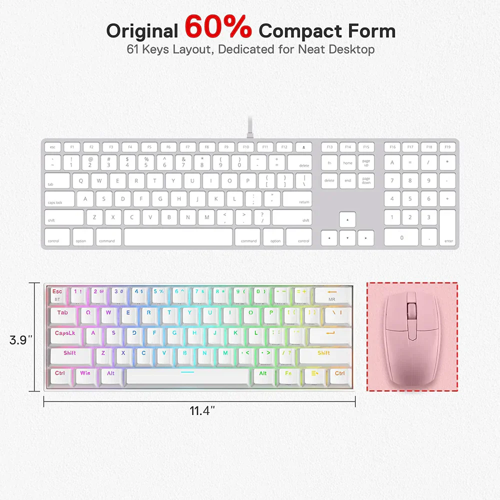 Redragon Draconic Pro K530 Pro - 60% Bluetooth+2.4Ghz+Wired Mechanical Keyboard White (Red Switch) - Image 8