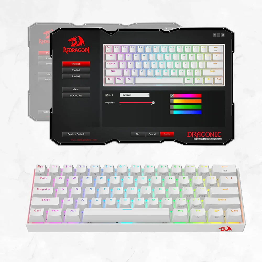 Redragon Draconic Pro K530 Pro - 60% Bluetooth+2.4Ghz+Wired Mechanical Keyboard White (Red Switch) - Image 9