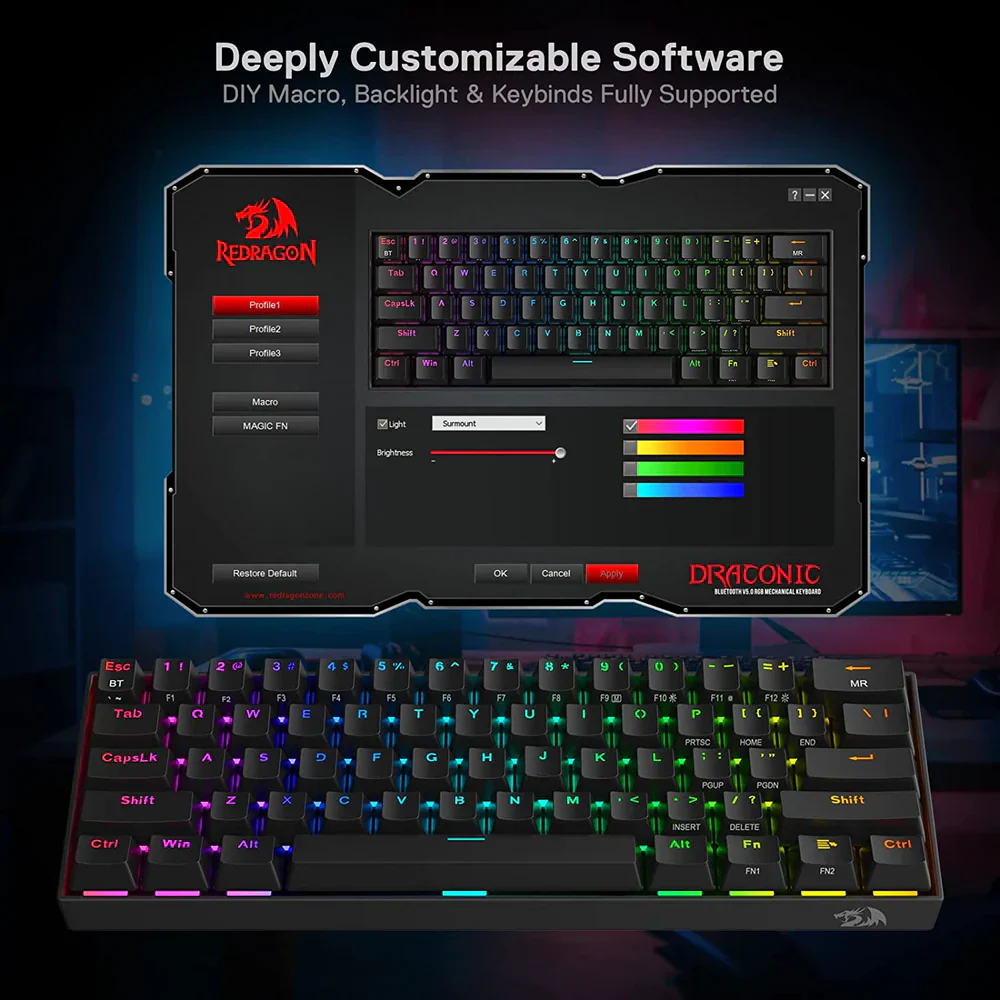Redragon Draconic Pro K530 PRO - 60% Bluetooth+24.Ghz+Wired Mechanical Keyboard (Red Switch) - Image 11
