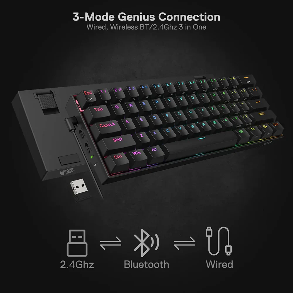 Redragon Draconic Pro K530 PRO - 60% Bluetooth+24.Ghz+Wired Mechanical Keyboard (Red Switch) - Image 5