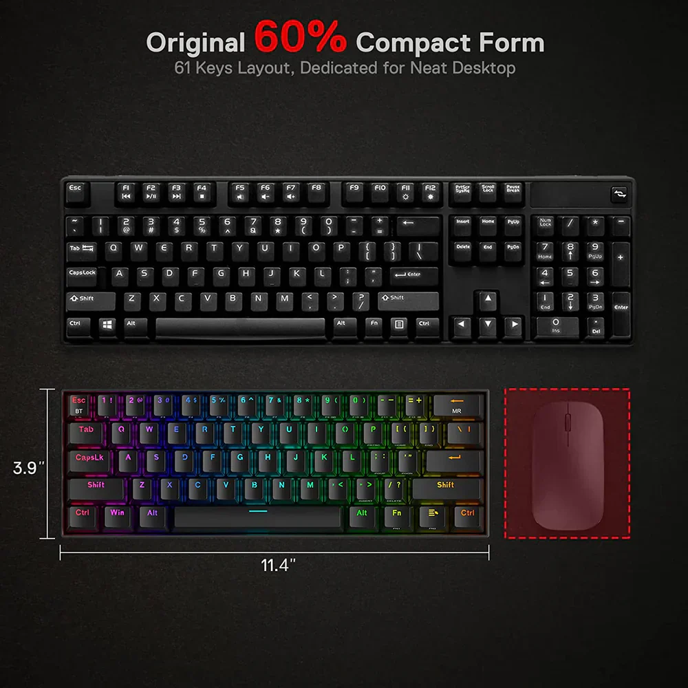 Redragon Draconic Pro K530 PRO - 60% Bluetooth+24.Ghz+Wired Mechanical Keyboard (Red Switch) - Image 8
