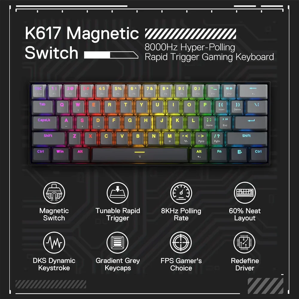 Redragon Fizz K617 60% Wired Mechanical Keyboard Mystic Grey (Magnetic Switch) - Image 5