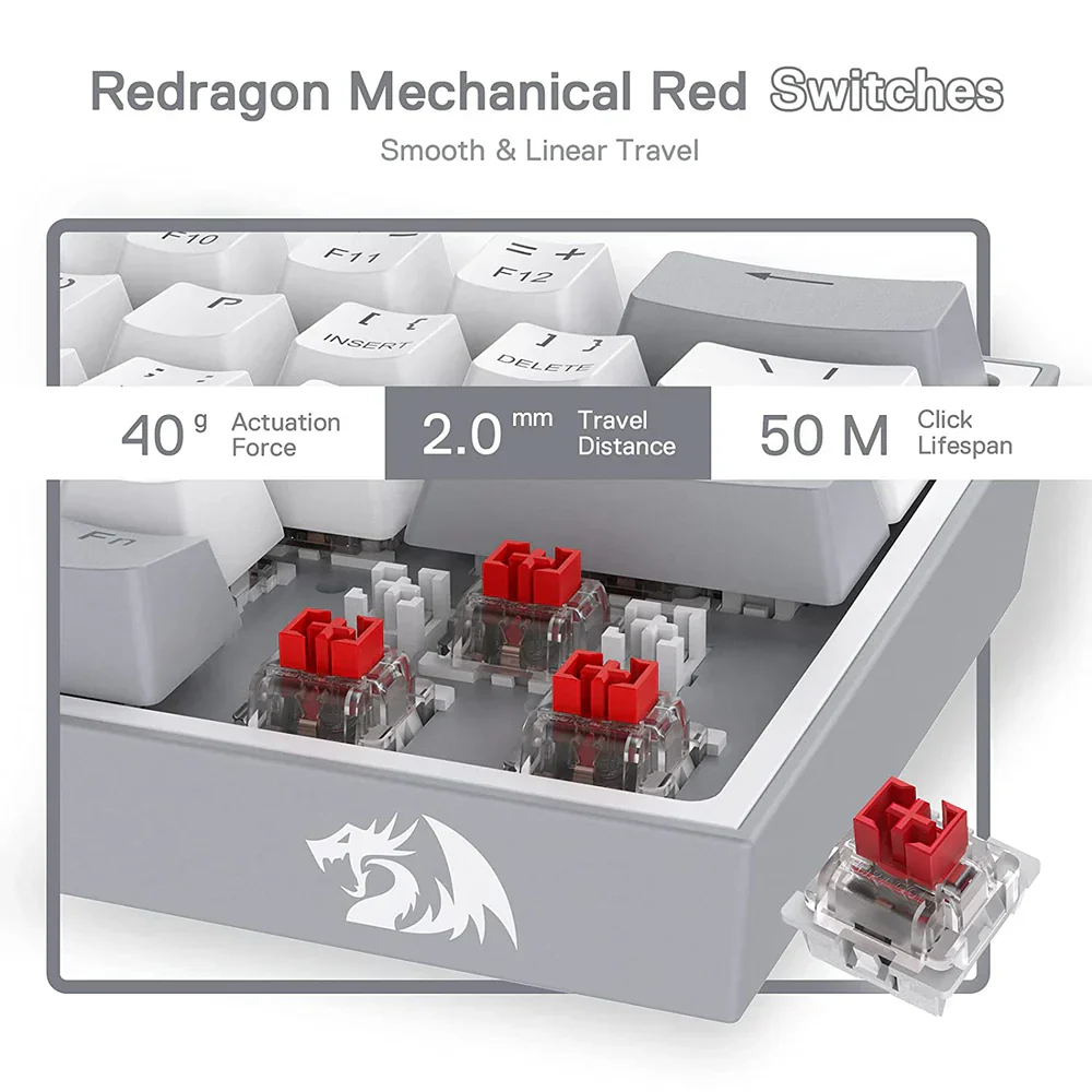 Redragon Fizz K617 - 60% Wired Mechanical Keyboard White and Grey (Red Switches) - Image 7
