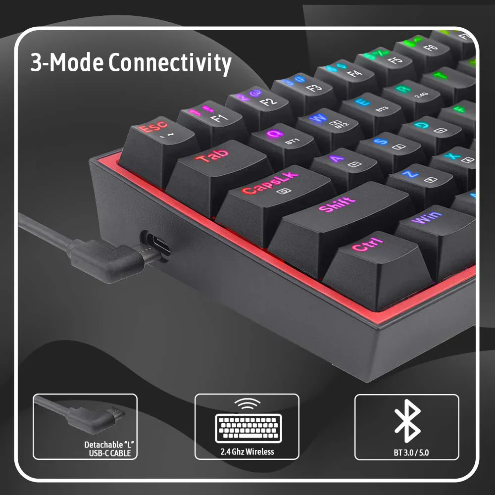 Redragon FIZZ PRO K616 - 60% Wired+2.4Ghz+BT Mechanical Keyboard Black (Red Switch) - Image 8