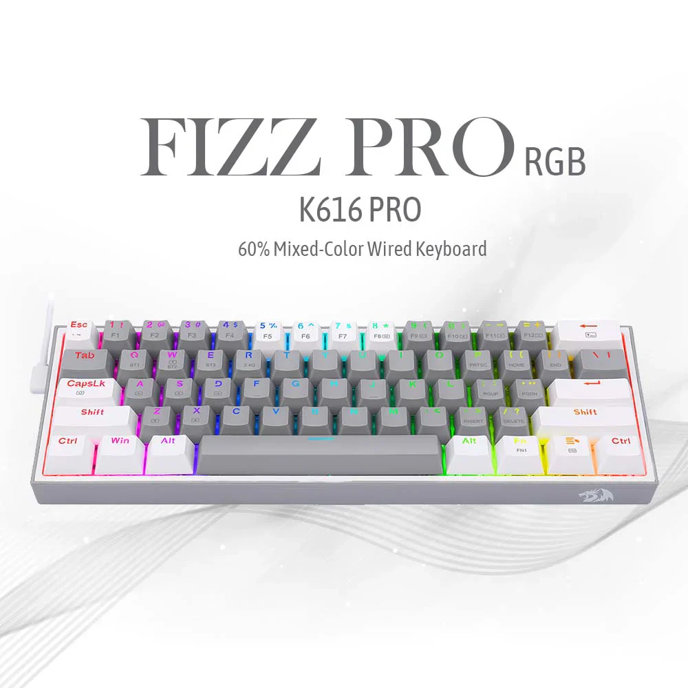 Redragon FIZZ PRO K616 - 60% Wired+2.4Ghz+BT Mechanical Keyboard Grey and White (Red Switch) - Image 5
