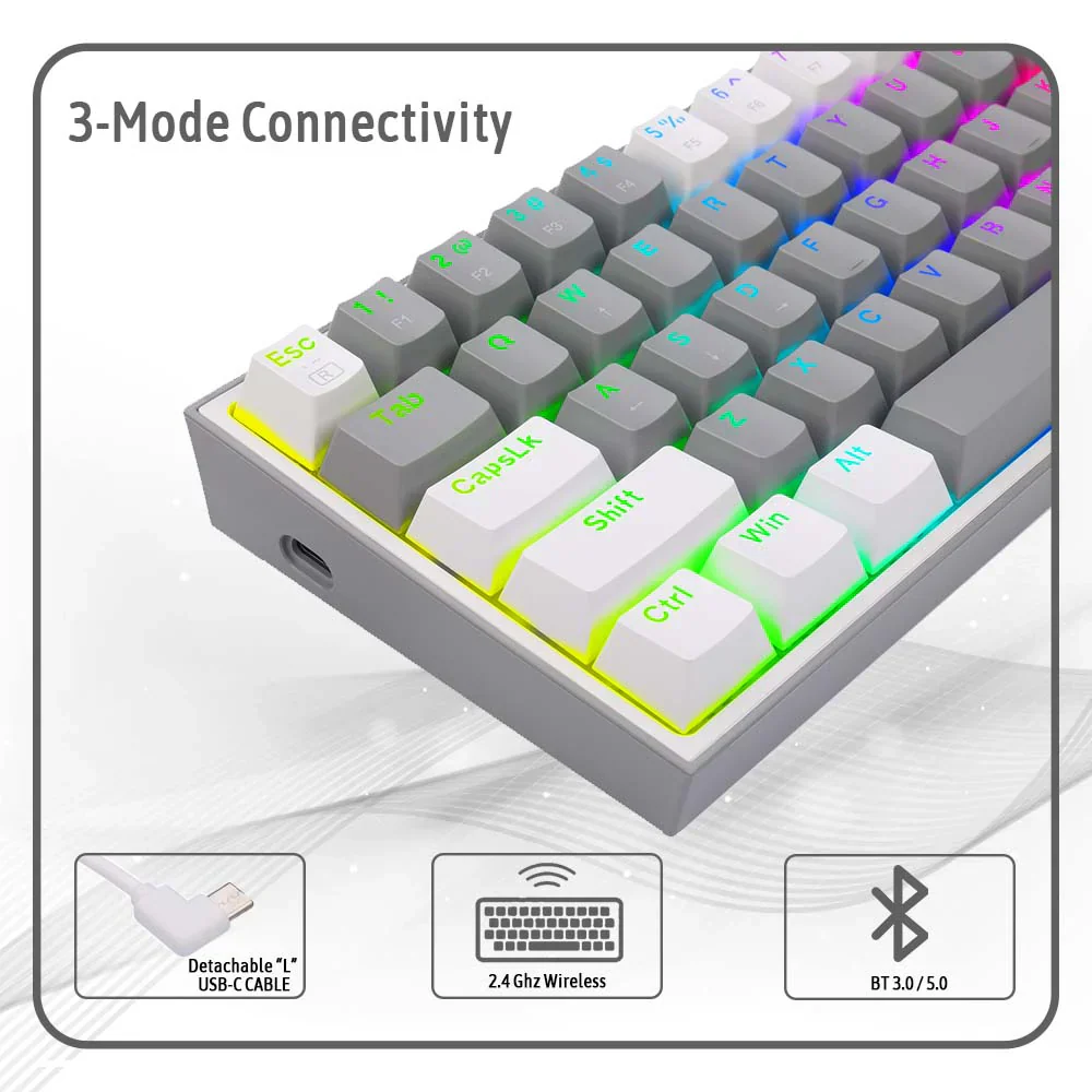 Redragon FIZZ PRO K616 - 60% Wired+2.4Ghz+BT Mechanical Keyboard Grey and White (Red Switch) - Image 8