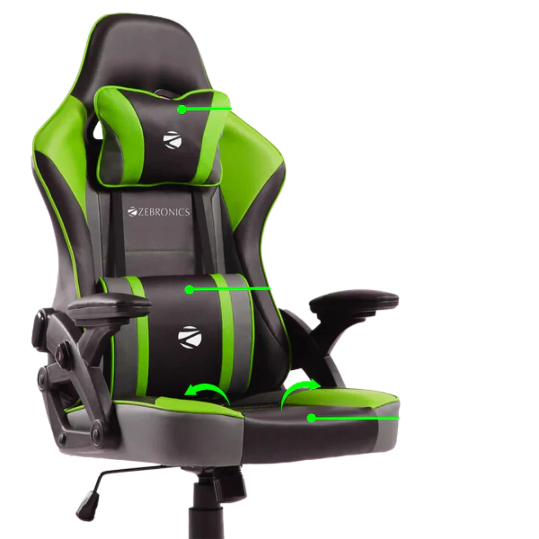 Zebronics Green Gaming Chair with 360Â° Swivel and 90-125Â° Adjustable Tilt Angle